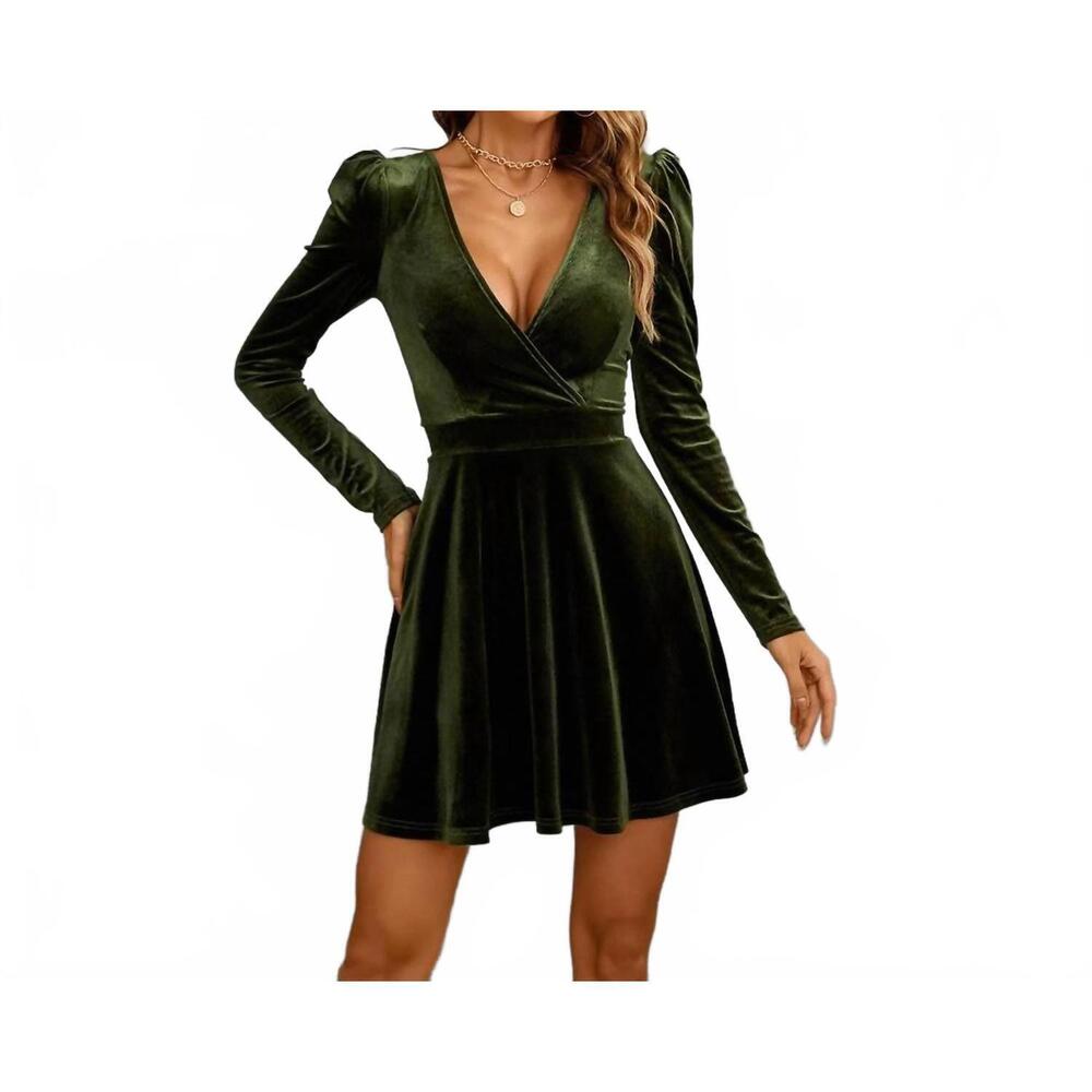 NEW UNISHE night on the town wrap velvet swing mini dress in army green